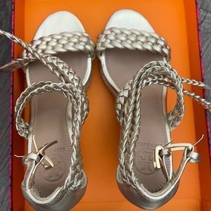 Tory Burch Bailey Wedge sandals gold braided leather espadrilles